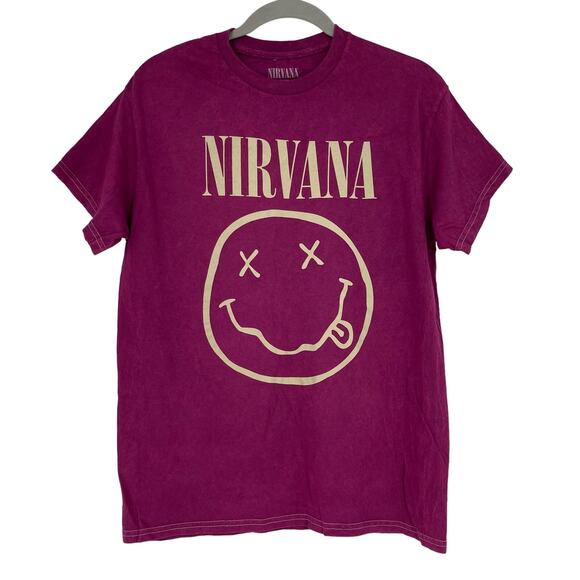 Officially Licensed Nirvana Nevermind Smiley Grunge Tee Magenta Acid Wash Medium - Picture 1 of 6
